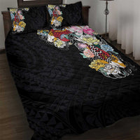 Hawaiian and Japanese Together Quilt Bed Set Colorful Traditional Japanese Tattoo and Kakau Pattern Black Color LT03 Black - Polynesian Pride