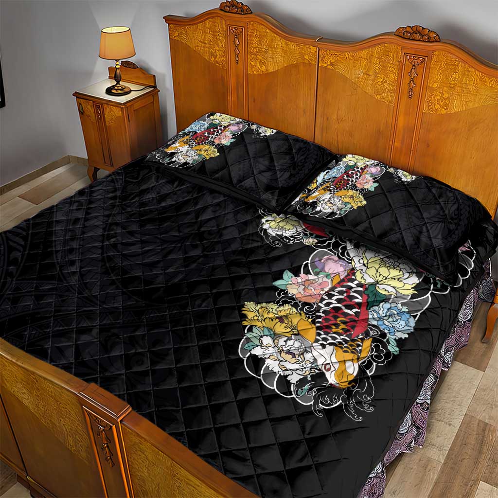 Hawaiian and Japanese Together Quilt Bed Set Colorful Traditional Japanese Tattoo and Kakau Pattern Black Color LT03 - Polynesian Pride