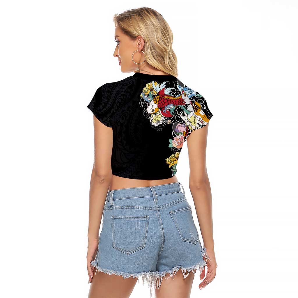 Hawaiian and Japanese Together Raglan Cropped T Shirt Colorful Traditional Japanese Tattoo and Kakau Pattern Black Color LT03 - Polynesian Pride
