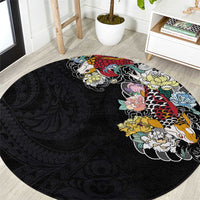 Hawaiian and Japanese Together Round Carpet Colorful Traditional Japanese Tattoo and Kakau Pattern Black Color LT03 Black - Polynesian Pride
