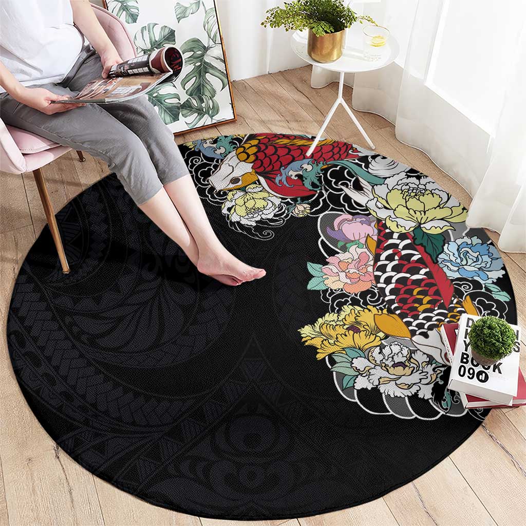 Hawaiian and Japanese Together Round Carpet Colorful Traditional Japanese Tattoo and Kakau Pattern Black Color LT03 - Polynesian Pride