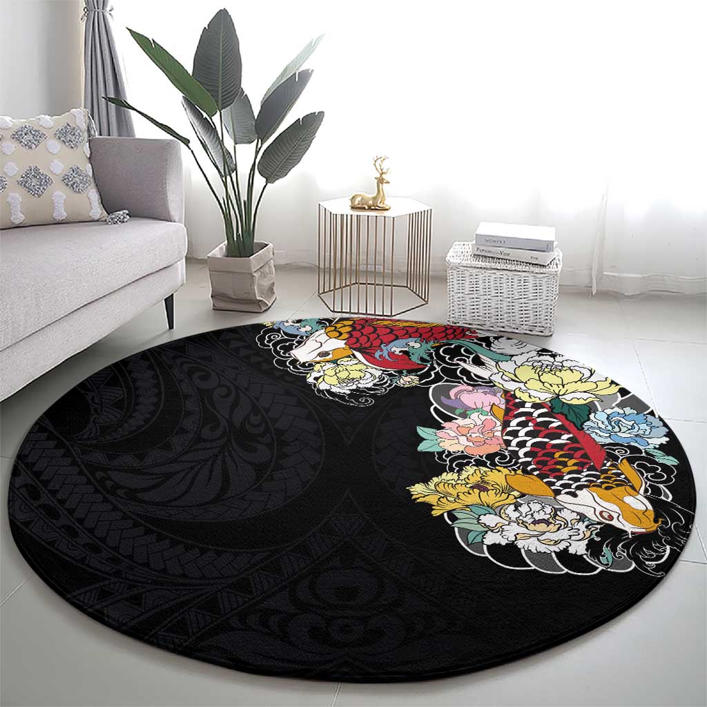 Hawaiian and Japanese Together Round Carpet Colorful Traditional Japanese Tattoo and Kakau Pattern Black Color LT03 - Polynesian Pride