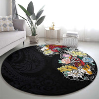 Hawaiian and Japanese Together Round Carpet Colorful Traditional Japanese Tattoo and Kakau Pattern Black Color LT03 - Polynesian Pride