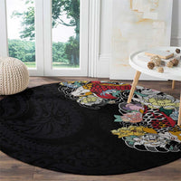 Hawaiian and Japanese Together Round Carpet Colorful Traditional Japanese Tattoo and Kakau Pattern Black Color LT03 - Polynesian Pride