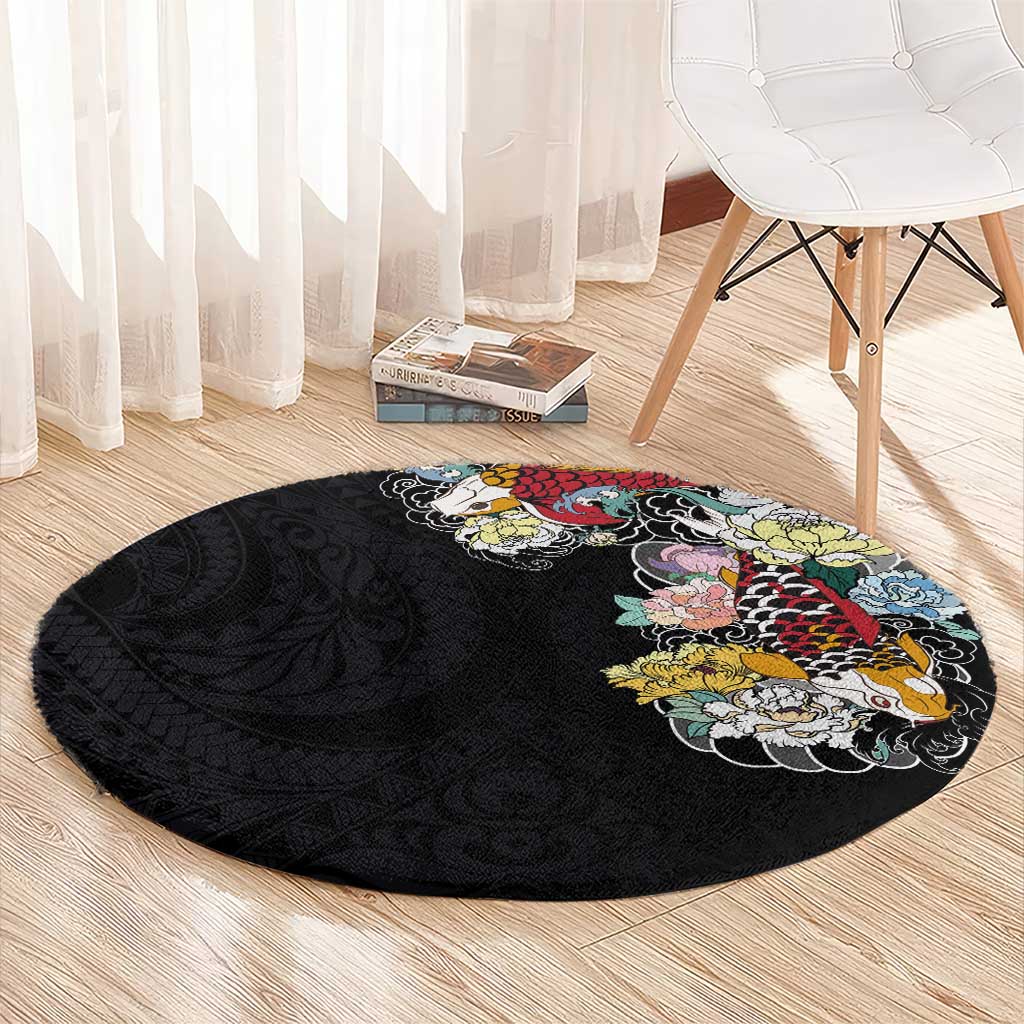 Hawaiian and Japanese Together Round Carpet Colorful Traditional Japanese Tattoo and Kakau Pattern Black Color LT03 - Polynesian Pride