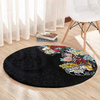Hawaiian and Japanese Together Round Carpet Colorful Traditional Japanese Tattoo and Kakau Pattern Black Color LT03 - Polynesian Pride