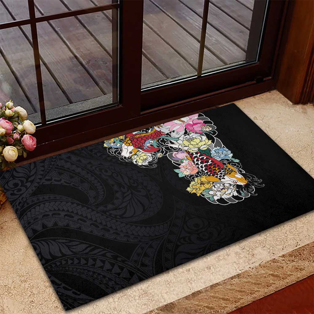 Hawaiian and Japanese Together Rubber Doormat Colorful Traditional Japanese Tattoo and Kakau Pattern Black Color LT03 - Polynesian Pride