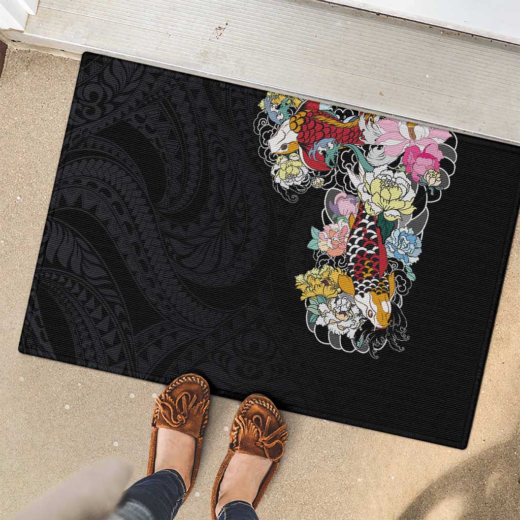 Hawaiian and Japanese Together Rubber Doormat Colorful Traditional Japanese Tattoo and Kakau Pattern Black Color LT03 - Polynesian Pride
