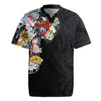 Hawaiian and Japanese Together Rugby Jersey Colorful Traditional Japanese Tattoo and Kakau Pattern Black Color LT03 Black - Polynesian Pride