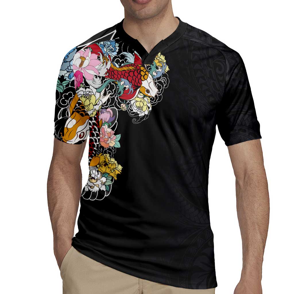 Hawaiian and Japanese Together Rugby Jersey Colorful Traditional Japanese Tattoo and Kakau Pattern Black Color LT03 - Polynesian Pride