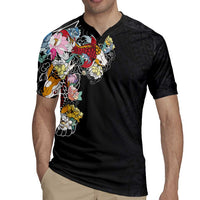 Hawaiian and Japanese Together Rugby Jersey Colorful Traditional Japanese Tattoo and Kakau Pattern Black Color LT03 - Polynesian Pride