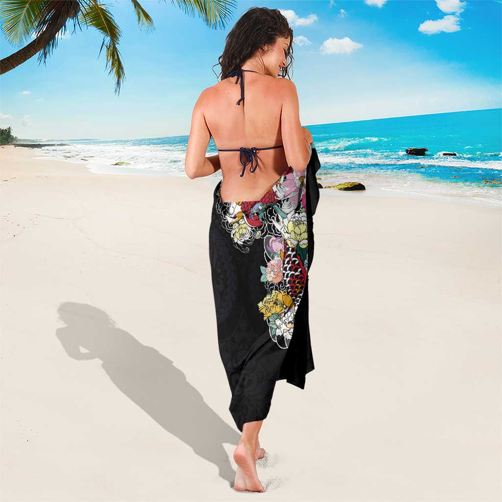 Hawaiian and Japanese Together Sarong Colorful Traditional Japanese Tattoo and Kakau Pattern Black Color LT03 - Polynesian Pride