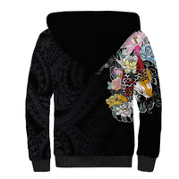 Hawaiian and Japanese Together Sherpa Hoodie Colorful Traditional Japanese Tattoo and Kakau Pattern Black Color LT03 - Polynesian Pride