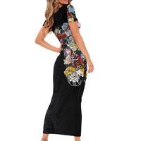 Hawaiian and Japanese Together Short Sleeve Bodycon Dress Colorful Traditional Japanese Tattoo and Kakau Pattern Black Color LT03 - Polynesian Pride