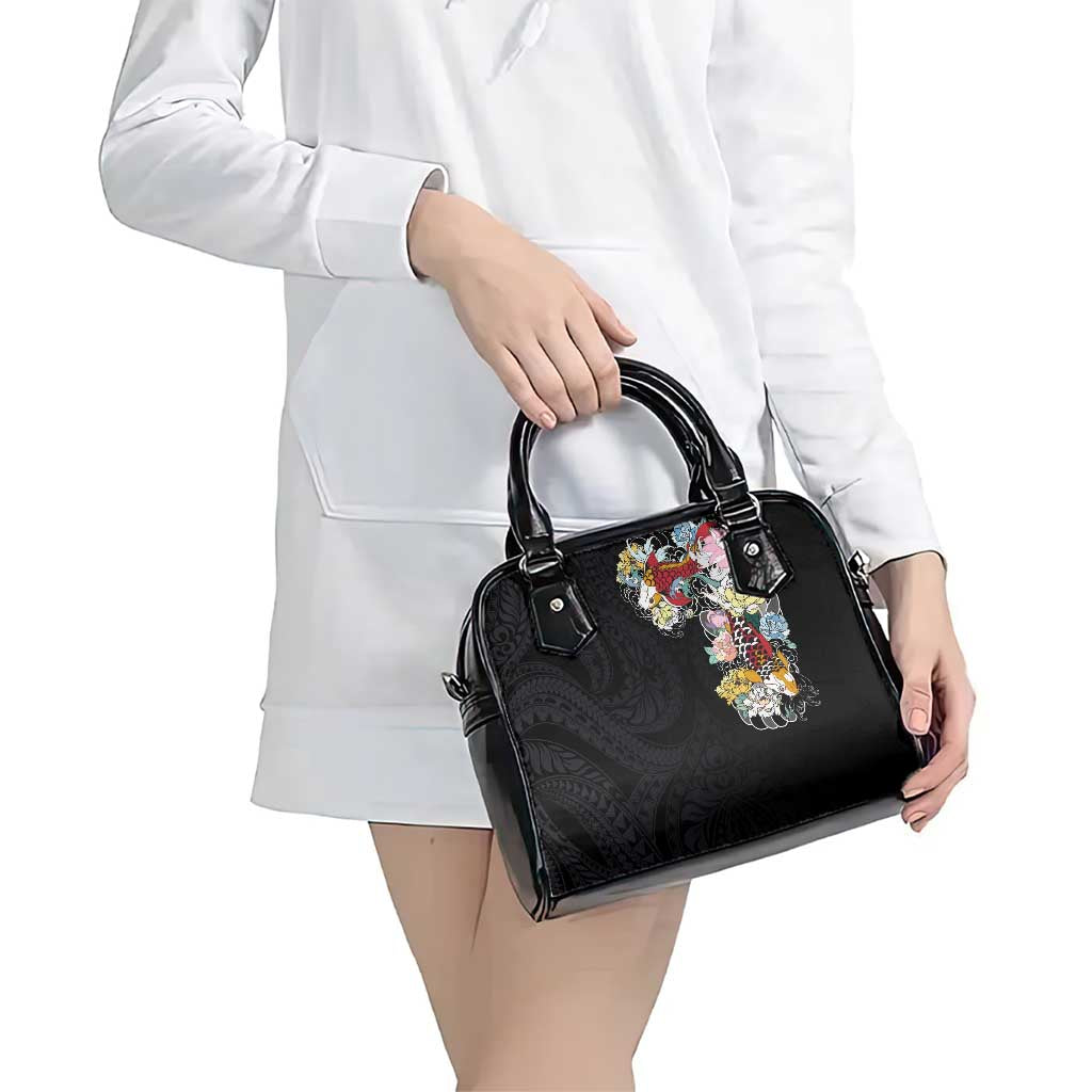 Hawaiian and Japanese Together Shoulder Handbag Colorful Traditional Japanese Tattoo and Kakau Pattern Black Color LT03 - Polynesian Pride