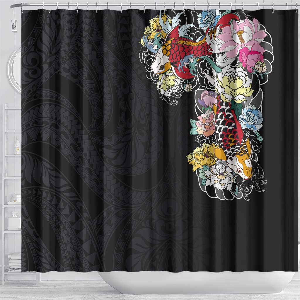 Hawaiian and Japanese Together Shower Curtain Colorful Traditional Japanese Tattoo and Kakau Pattern Black Color LT03 - Polynesian Pride