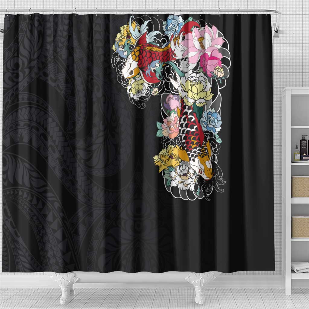 Hawaiian and Japanese Together Shower Curtain Colorful Traditional Japanese Tattoo and Kakau Pattern Black Color LT03 - Polynesian Pride