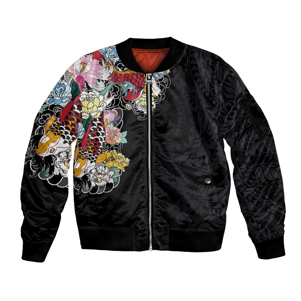 Hawaiian and Japanese Together Sleeve Zip Bomber Jacket Colorful Traditional Japanese Tattoo and Kakau Pattern Black Color LT03 Unisex Black - Polynesian Pride