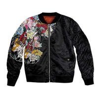 Hawaiian and Japanese Together Sleeve Zip Bomber Jacket Colorful Traditional Japanese Tattoo and Kakau Pattern Black Color LT03 Unisex Black - Polynesian Pride