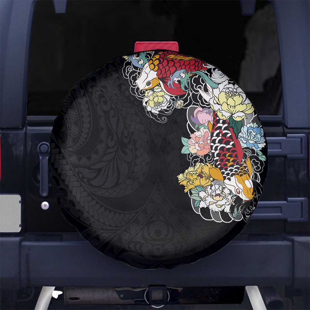 Hawaiian and Japanese Together Spare Tire Cover Colorful Traditional Japanese Tattoo and Kakau Pattern Black Color LT03 - Polynesian Pride
