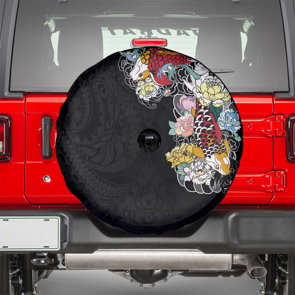 Hawaiian and Japanese Together Spare Tire Cover Colorful Traditional Japanese Tattoo and Kakau Pattern Black Color LT03 - Polynesian Pride