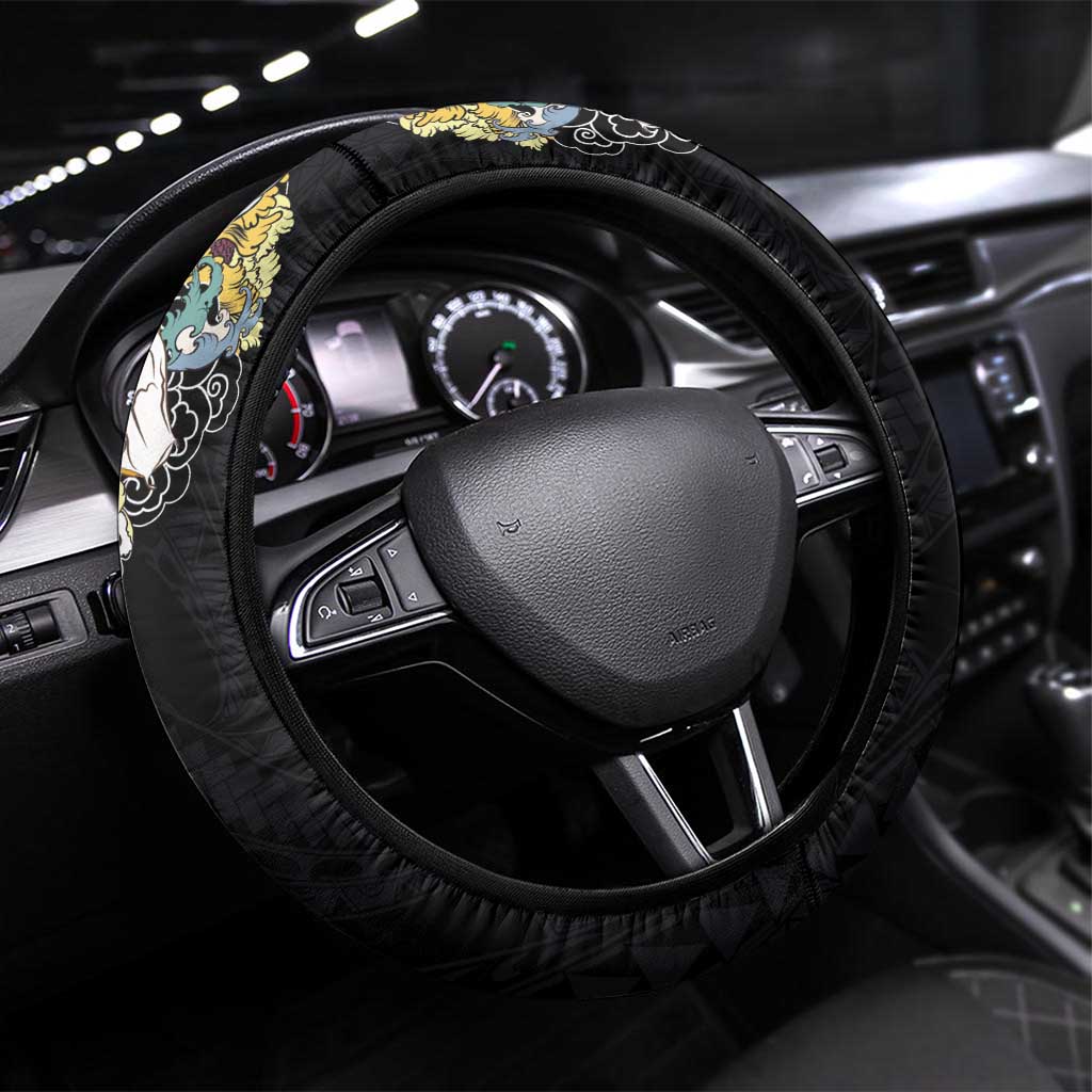 Hawaiian and Japanese Together Steering Wheel Cover Colorful Traditional Japanese Tattoo and Kakau Pattern Black Color LT03 Universal Fit Black - Polynesian Pride