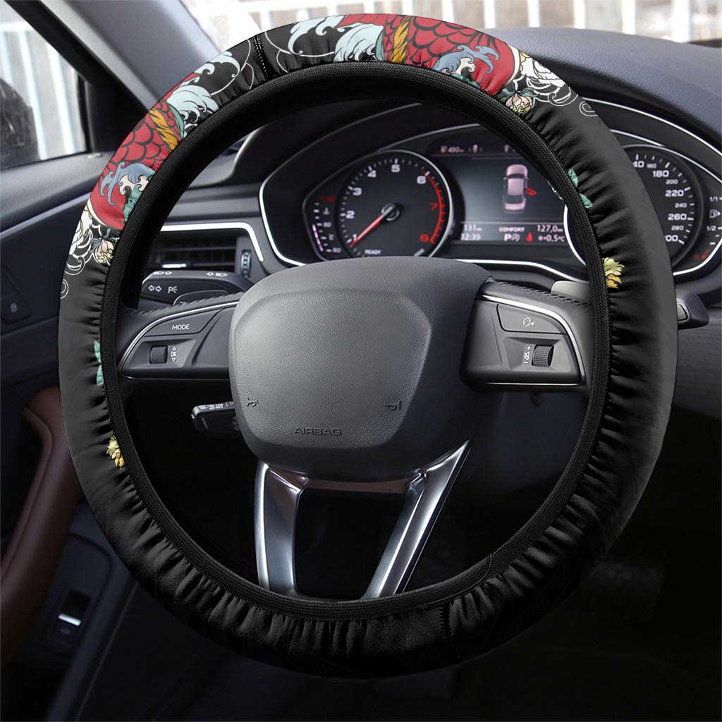 Hawaiian and Japanese Together Steering Wheel Cover Colorful Traditional Japanese Tattoo and Kakau Pattern Black Color LT03 - Polynesian Pride