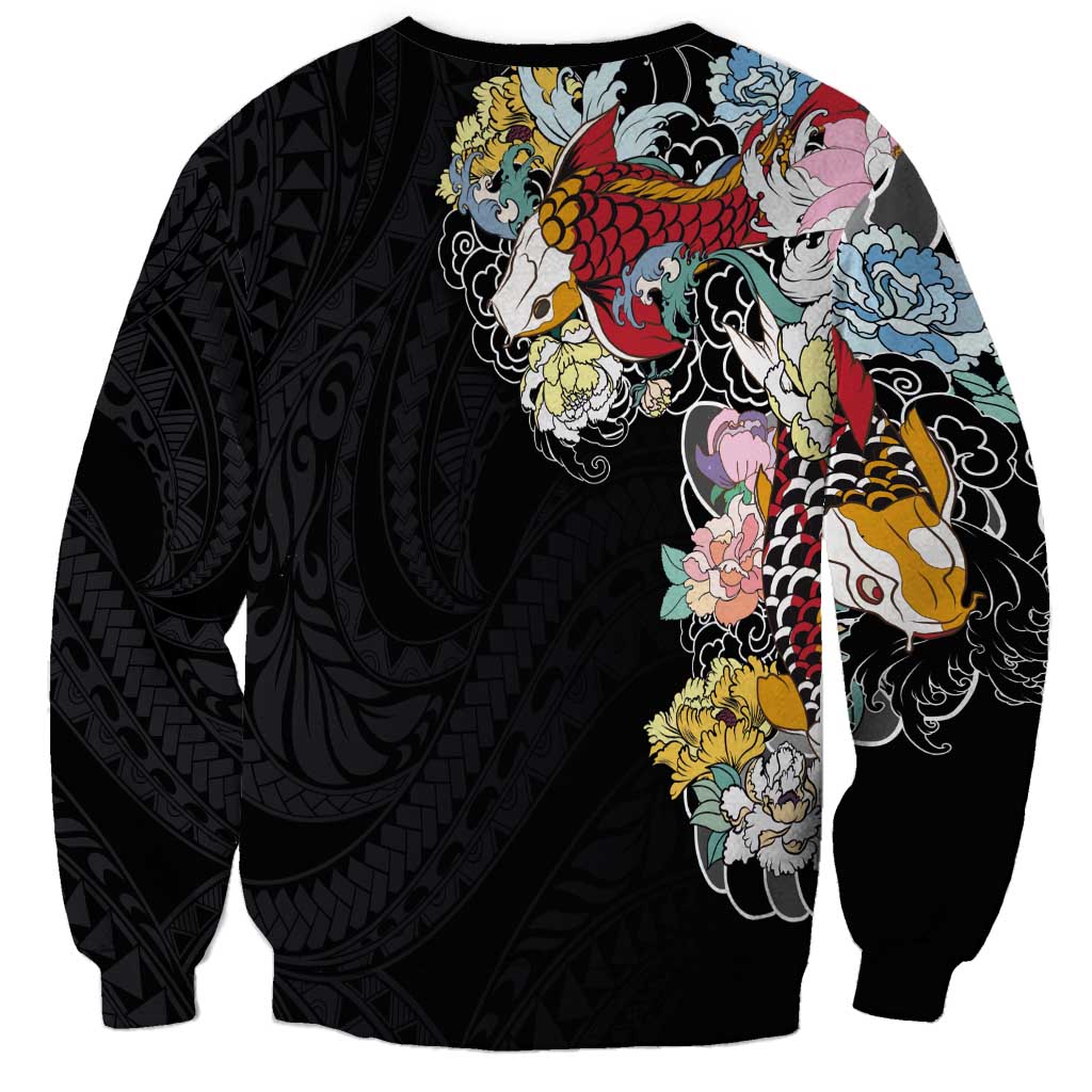 Hawaiian and Japanese Together Sweatshirt Colorful Traditional Japanese Tattoo and Kakau Pattern Black Color LT03 - Polynesian Pride