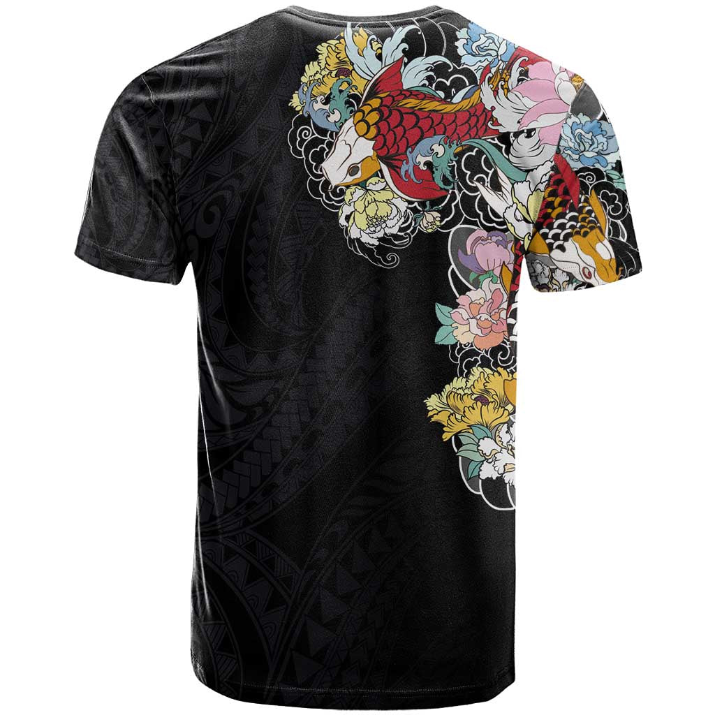Hawaiian and Japanese Together T Shirt Colorful Traditional Japanese Tattoo and Kakau Pattern Black Color LT03 - Polynesian Pride