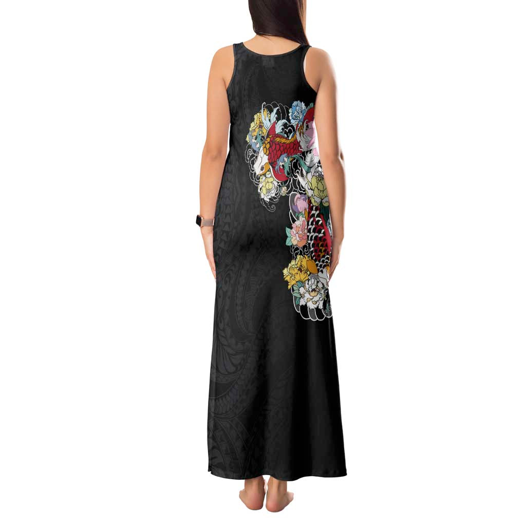 Hawaiian and Japanese Together Tank Maxi Dress Colorful Traditional Japanese Tattoo and Kakau Pattern Black Color LT03 - Polynesian Pride