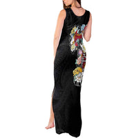 Hawaiian and Japanese Together Tank Maxi Dress Colorful Traditional Japanese Tattoo and Kakau Pattern Black Color LT03 - Polynesian Pride