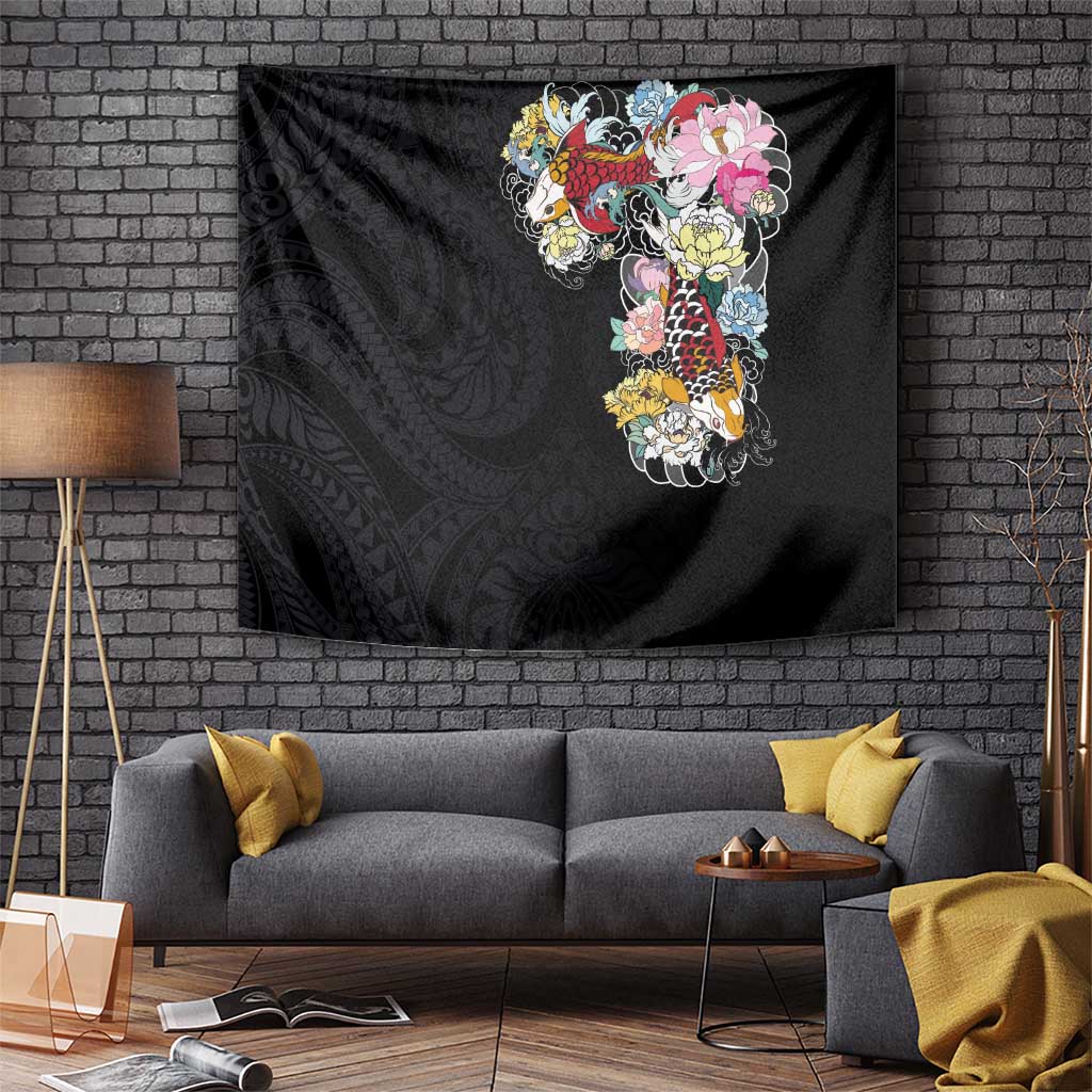 Hawaiian and Japanese Together Tapestry Colorful Traditional Japanese Tattoo and Kakau Pattern Black Color LT03 - Polynesian Pride