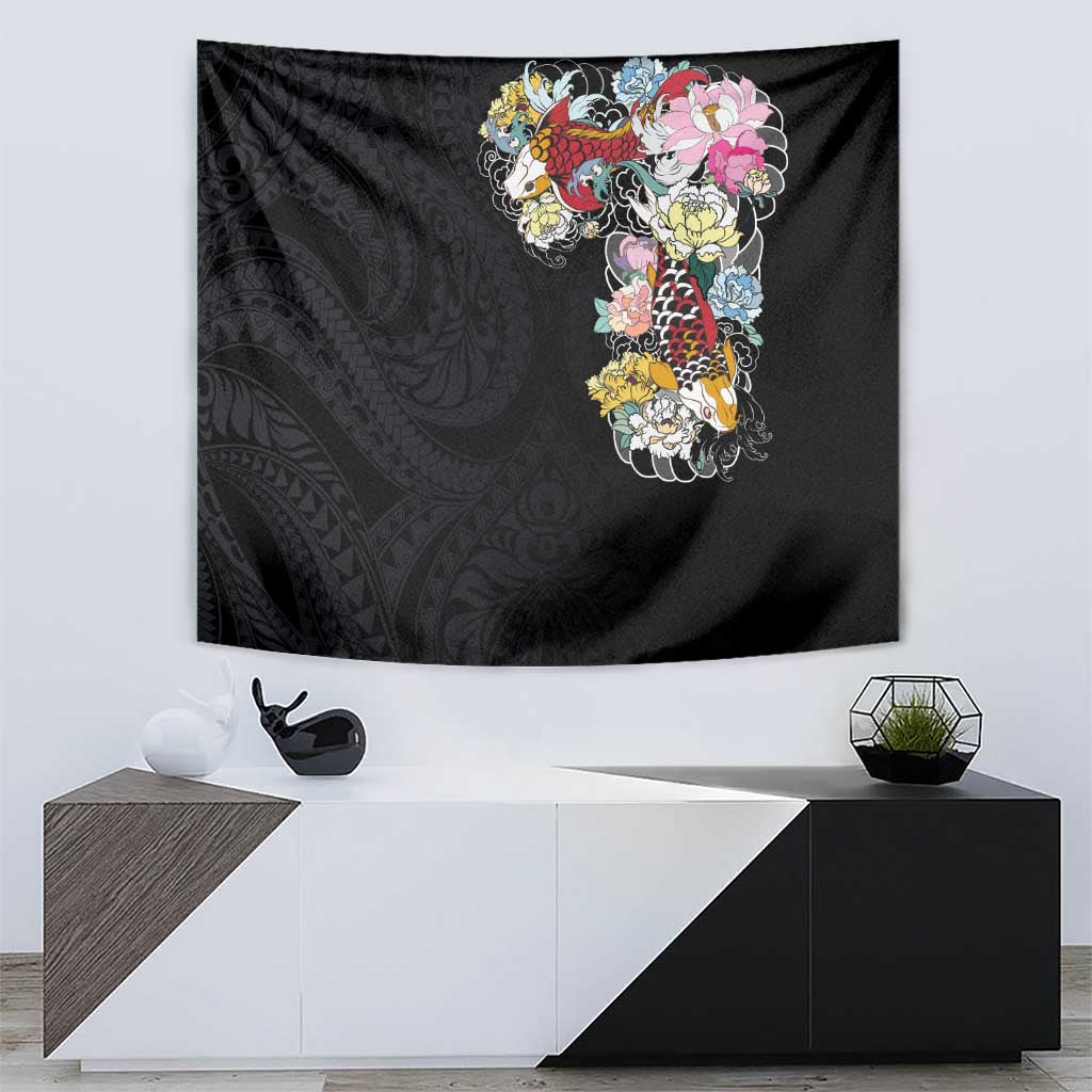 Hawaiian and Japanese Together Tapestry Colorful Traditional Japanese Tattoo and Kakau Pattern Black Color LT03 - Polynesian Pride