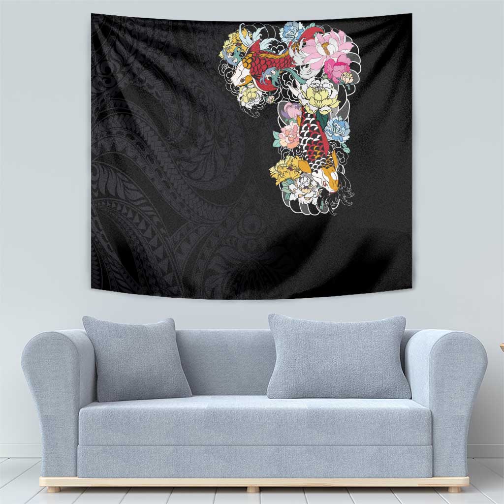 Hawaiian and Japanese Together Tapestry Colorful Traditional Japanese Tattoo and Kakau Pattern Black Color LT03 - Polynesian Pride