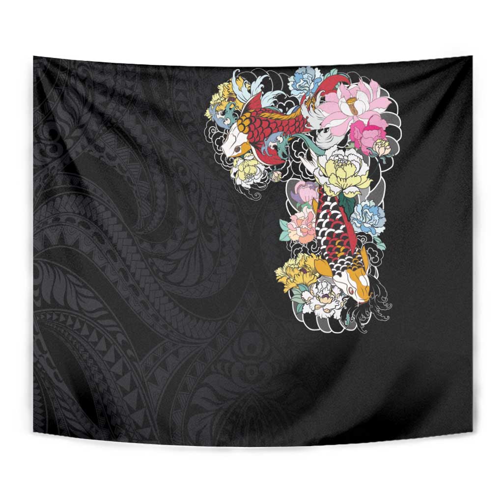Hawaiian and Japanese Together Tapestry Colorful Traditional Japanese Tattoo and Kakau Pattern Black Color LT03 - Polynesian Pride
