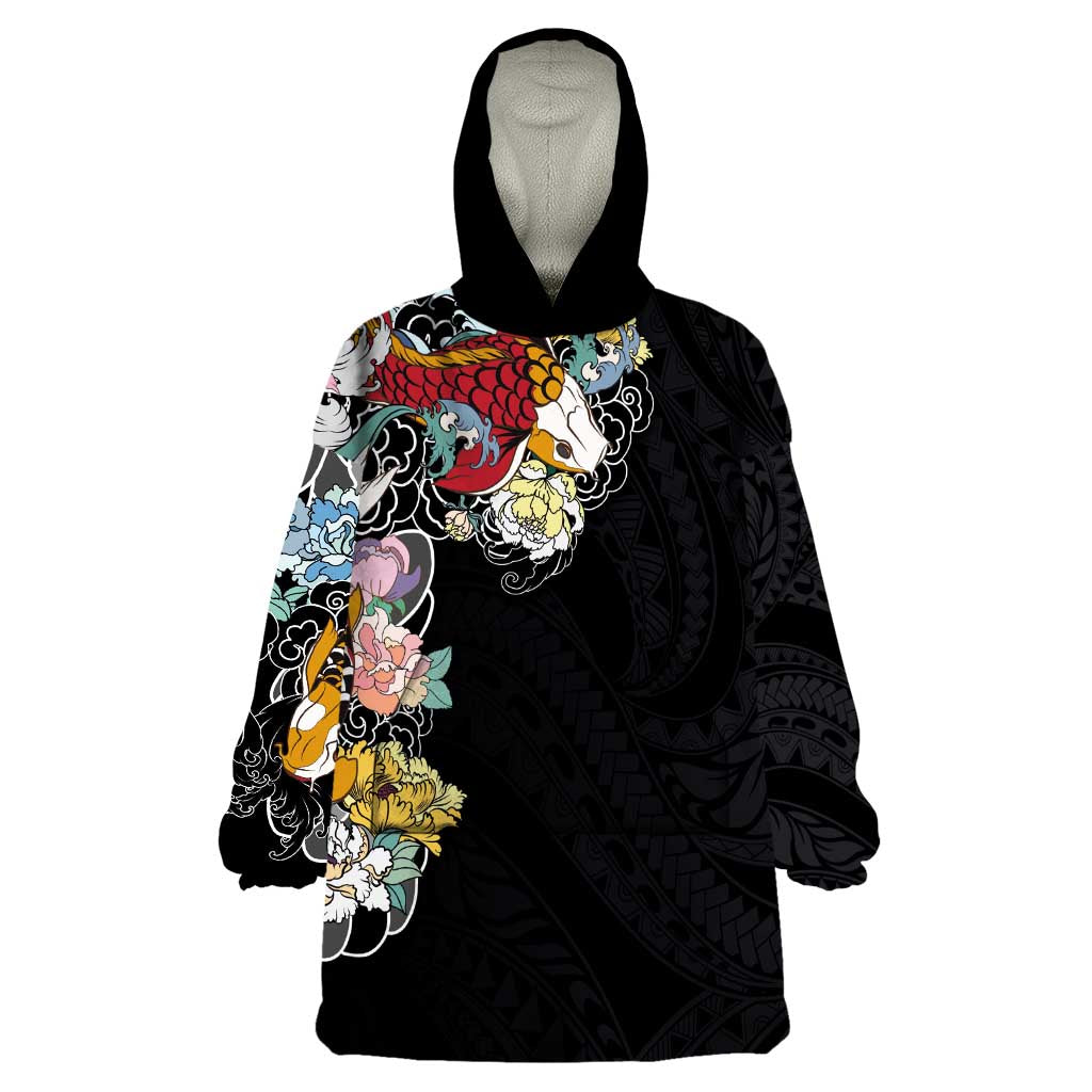 Hawaiian and Japanese Together Wearable Blanket Hoodie Colorful Traditional Japanese Tattoo and Kakau Pattern Black Color LT03 One Size Black - Polynesian Pride