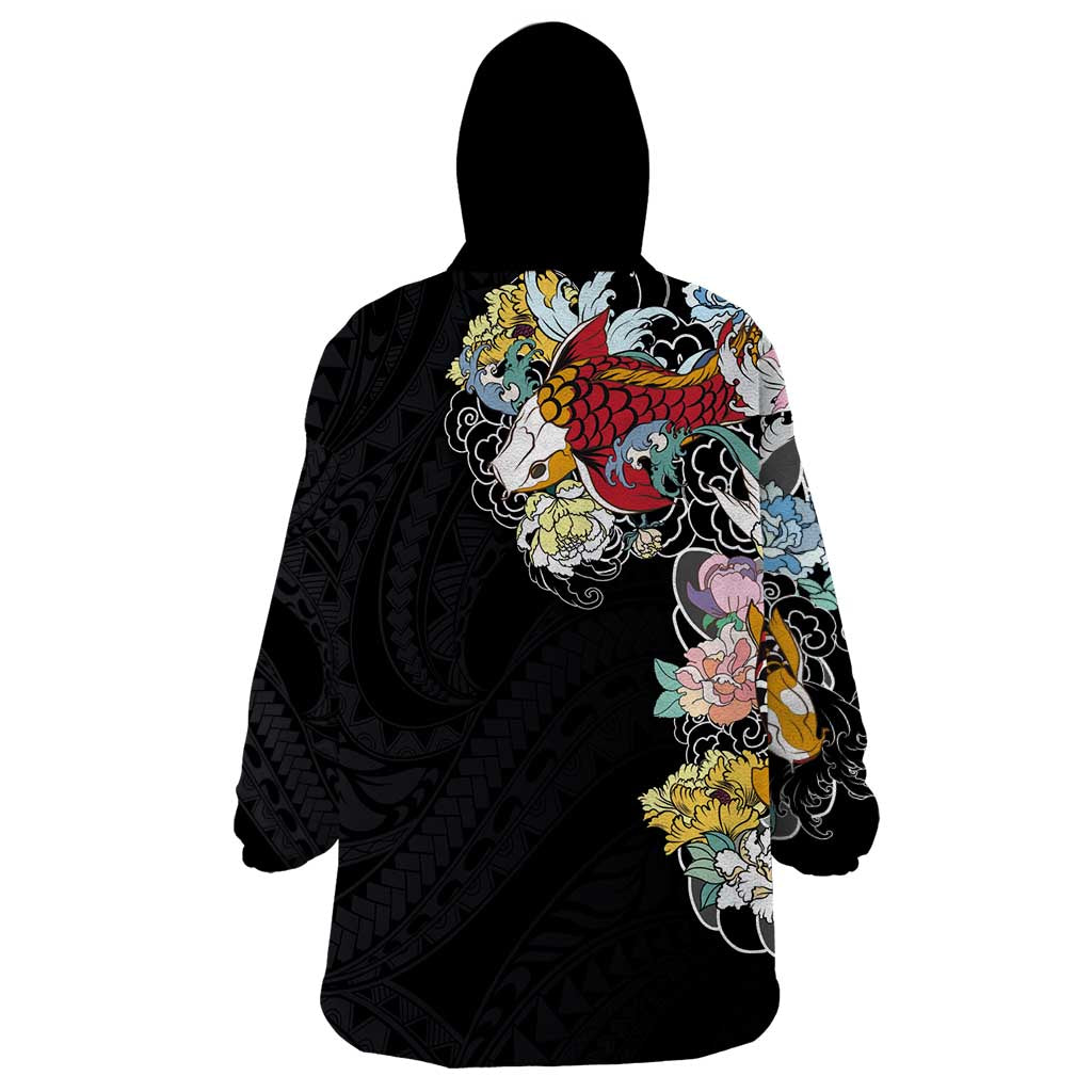 Hawaiian and Japanese Together Wearable Blanket Hoodie Colorful Traditional Japanese Tattoo and Kakau Pattern Black Color LT03 - Polynesian Pride
