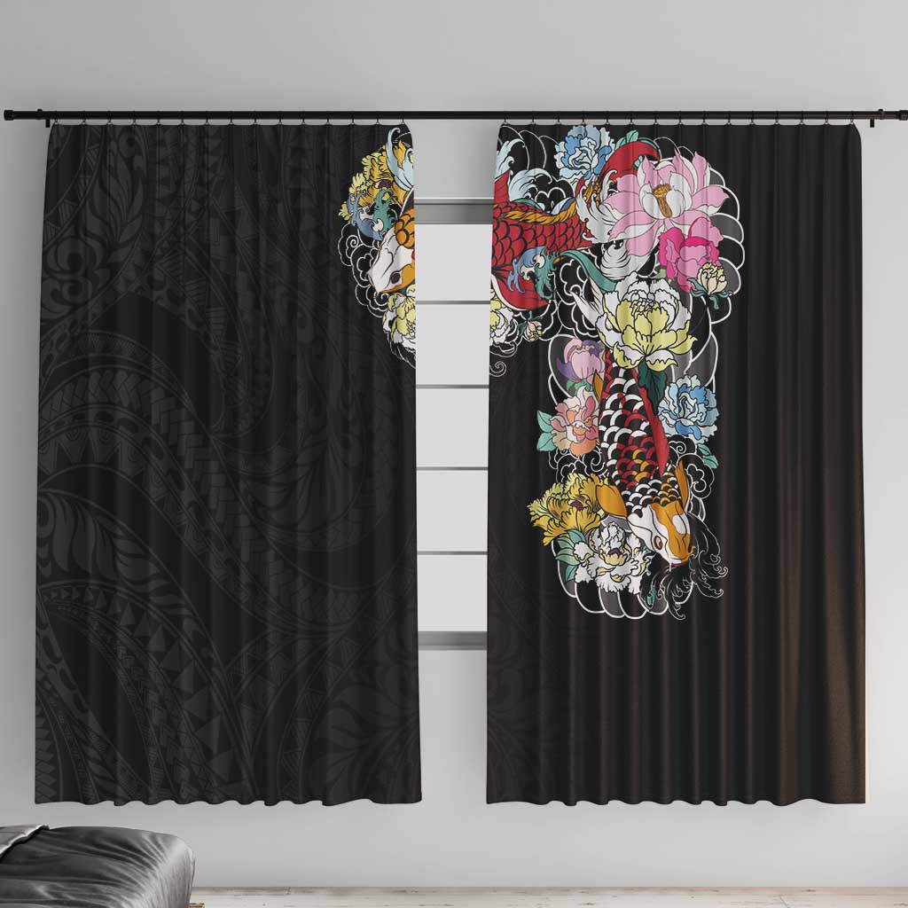 Hawaiian and Japanese Together Window Curtain Colorful Traditional Japanese Tattoo and Kakau Pattern Black Color LT03 With Hooks Black - Polynesian Pride