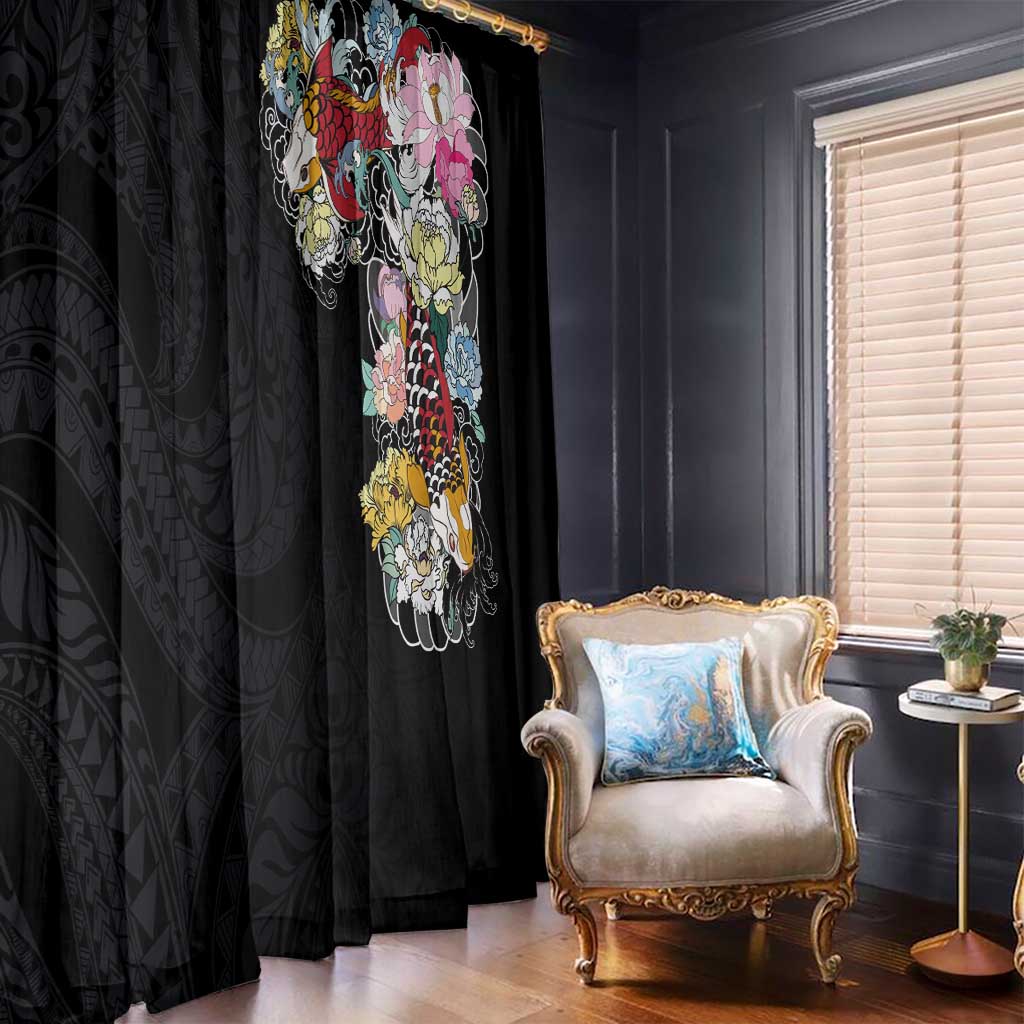Hawaiian and Japanese Together Window Curtain Colorful Traditional Japanese Tattoo and Kakau Pattern Black Color LT03 - Polynesian Pride