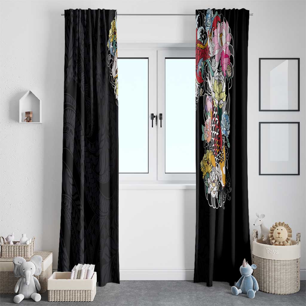 Hawaiian and Japanese Together Window Curtain Colorful Traditional Japanese Tattoo and Kakau Pattern Black Color LT03 - Polynesian Pride