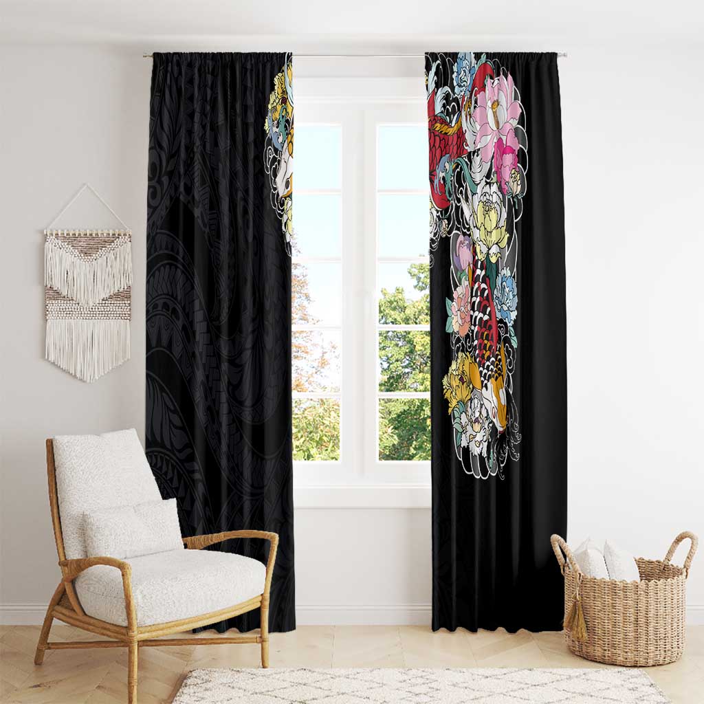 Hawaiian and Japanese Together Window Curtain Colorful Traditional Japanese Tattoo and Kakau Pattern Black Color LT03 - Polynesian Pride