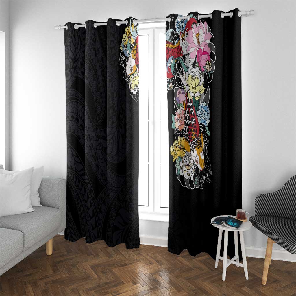 Hawaiian and Japanese Together Window Curtain Colorful Traditional Japanese Tattoo and Kakau Pattern Black Color LT03 With Grommets Black - Polynesian Pride