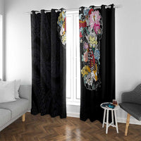 Hawaiian and Japanese Together Window Curtain Colorful Traditional Japanese Tattoo and Kakau Pattern Black Color LT03 With Grommets Black - Polynesian Pride