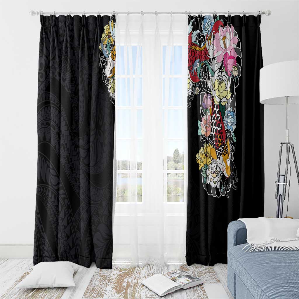 Hawaiian and Japanese Together Window Curtain Colorful Traditional Japanese Tattoo and Kakau Pattern Black Color LT03 - Polynesian Pride