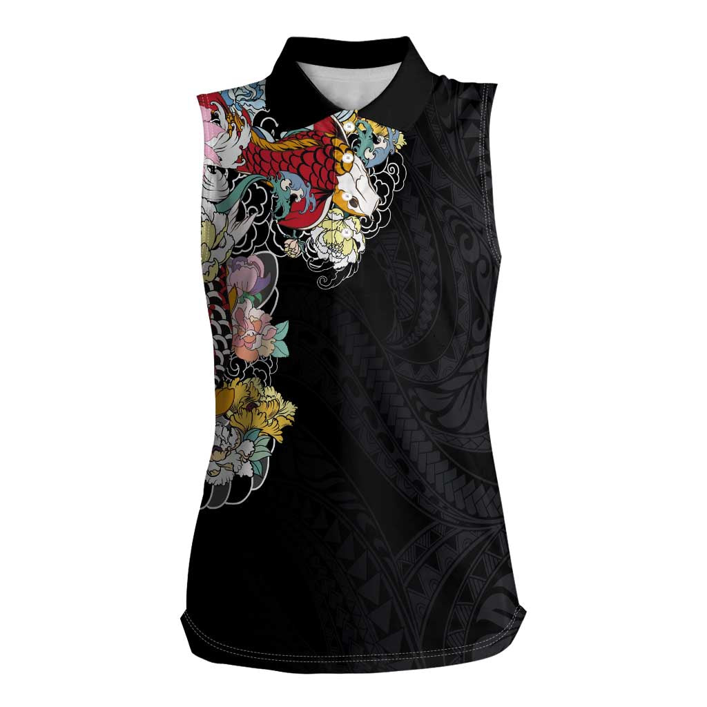 Hawaiian and Japanese Together Women Sleeveless Polo Shirt Colorful Traditional Japanese Tattoo and Kakau Pattern Black Color LT03 Female Black - Polynesian Pride