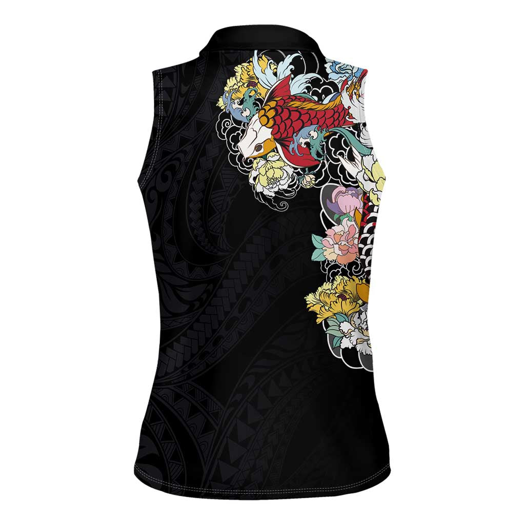 Hawaiian and Japanese Together Women Sleeveless Polo Shirt Colorful Traditional Japanese Tattoo and Kakau Pattern Black Color LT03 - Polynesian Pride