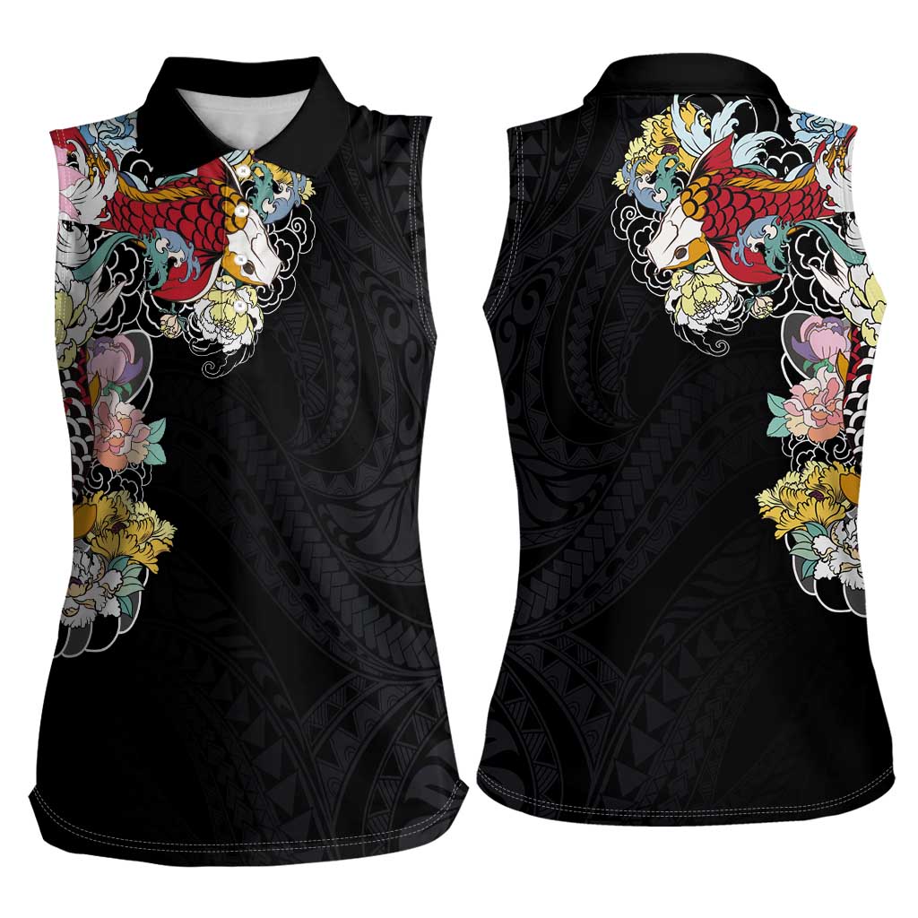Hawaiian and Japanese Together Women Sleeveless Polo Shirt Colorful Traditional Japanese Tattoo and Kakau Pattern Black Color LT03 - Polynesian Pride