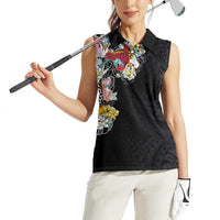 Hawaiian and Japanese Together Women Sleeveless Polo Shirt Colorful Traditional Japanese Tattoo and Kakau Pattern Black Color LT03 - Polynesian Pride