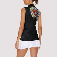 Hawaiian and Japanese Together Women Sleeveless Polo Shirt Colorful Traditional Japanese Tattoo and Kakau Pattern Black Color LT03 - Polynesian Pride