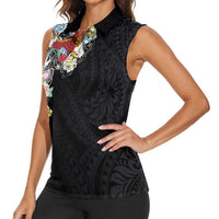 Hawaiian and Japanese Together Women Sleeveless Polo Shirt Colorful Traditional Japanese Tattoo and Kakau Pattern Black Color LT03 - Polynesian Pride